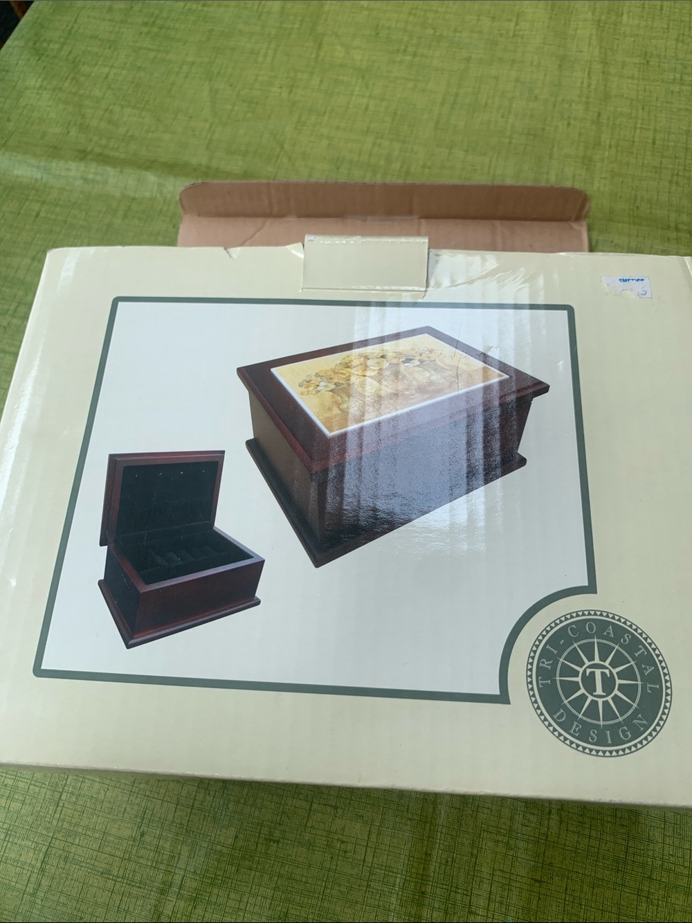 Brown Wood Jewelry Chest with Decorative Top